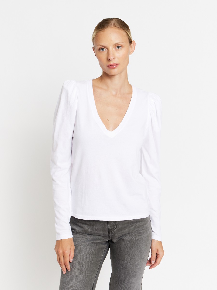 ELOUNA | Camiseta blanca con cuello de pico y mangas abullonadas