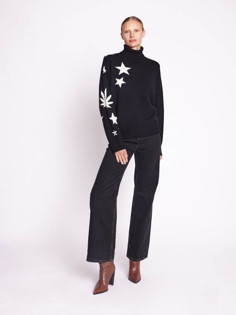 AXANA | Black stars and hemp leaf jumper with stand-up collar