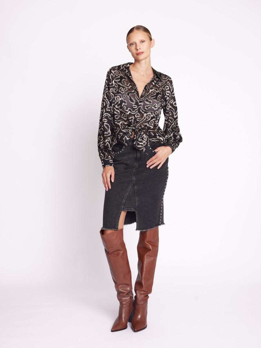 BUDY | Black print blouse with bow front
