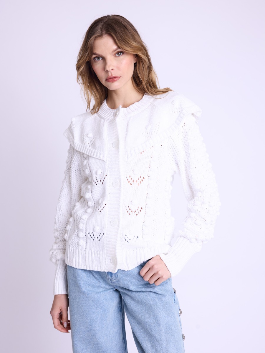 GINNY | White knit cardigan with mock collar