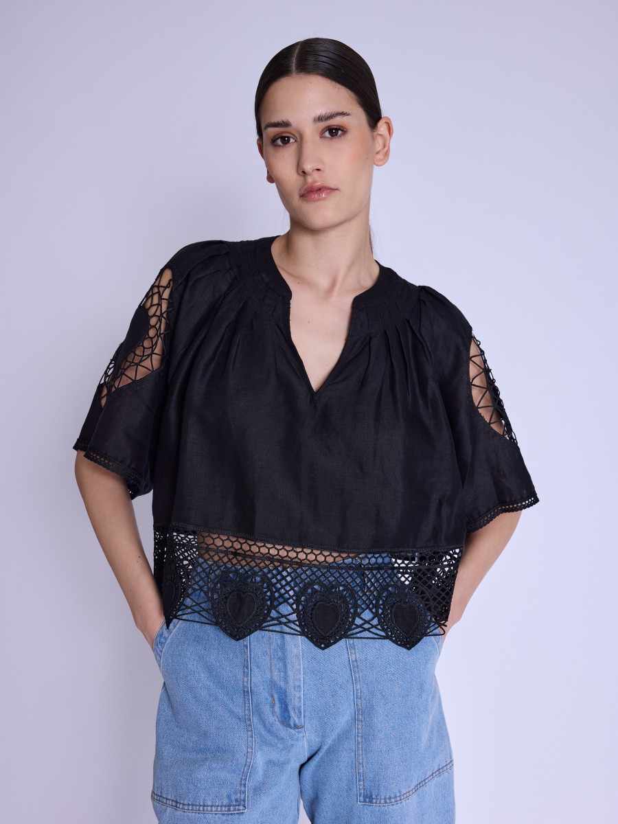 TALULA | Black linen top with heart embroidery