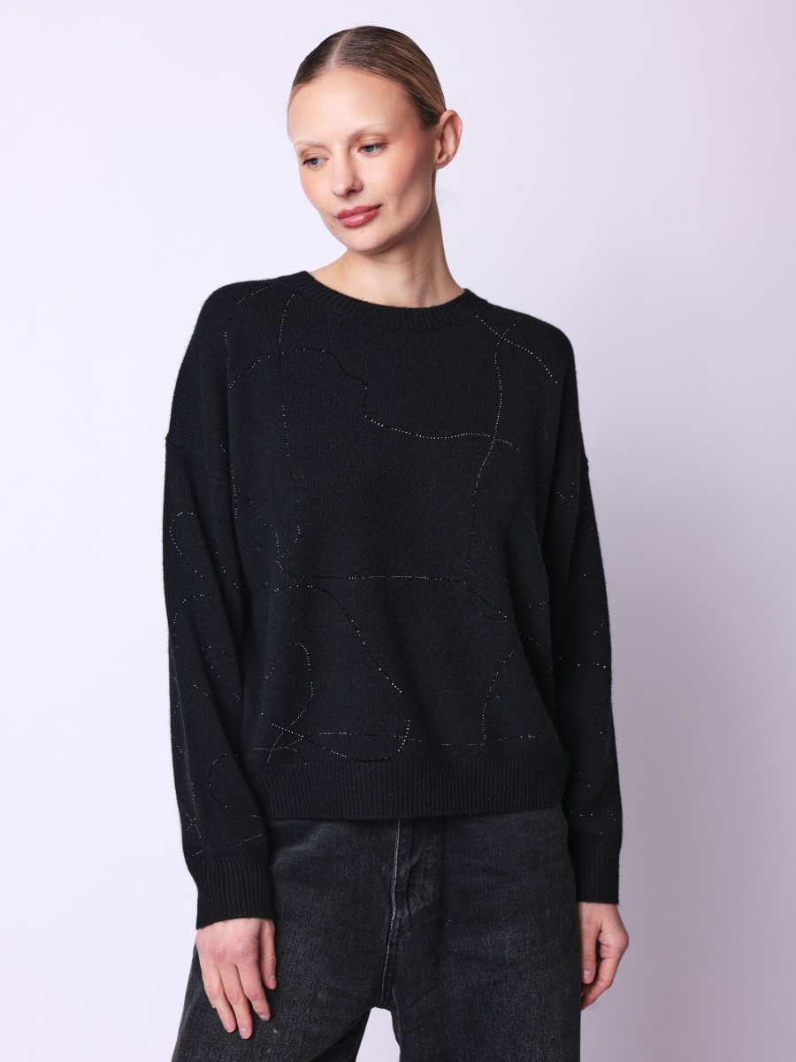 APOLLO sweater | Short round neck sweater with black rhinestones