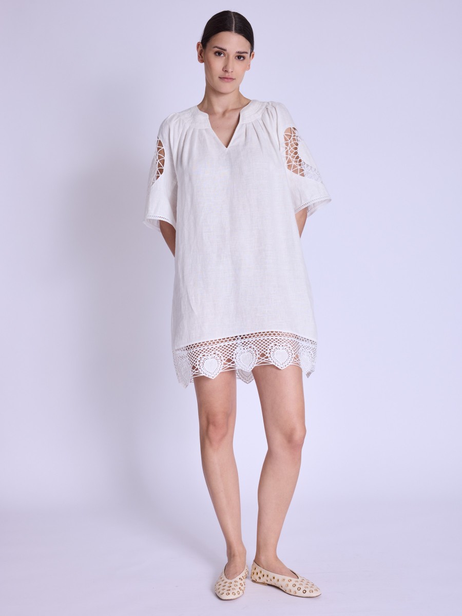 RENZA | Short dress in linen with embroidered hearts