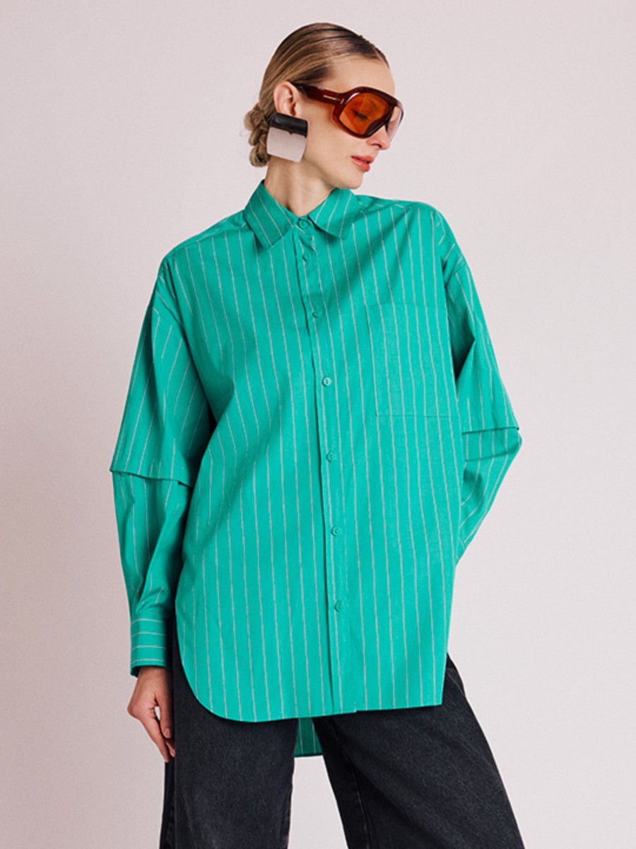 COLOR Shirt | Oversized Green Shirt with Fine White Stripes