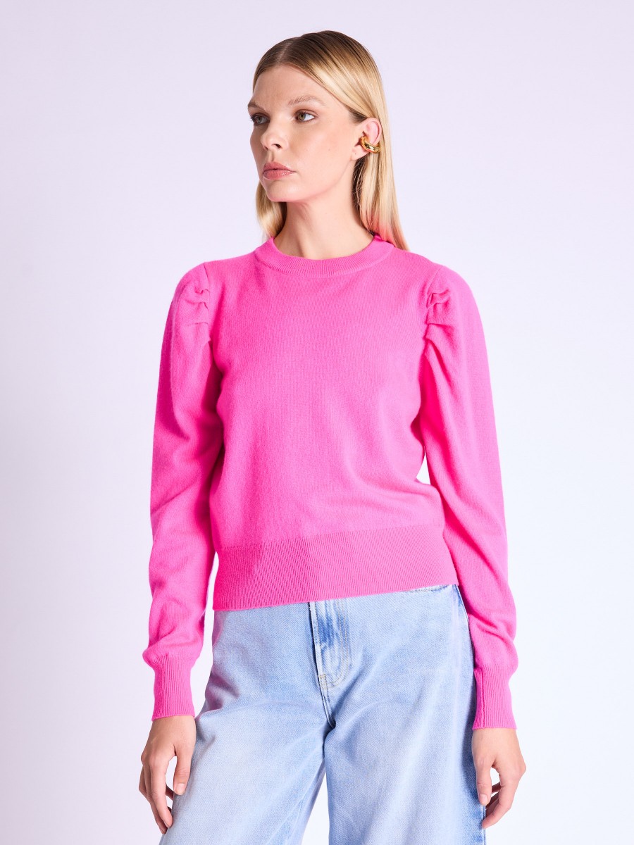 AIKA Sweater | Pink Round Neck Sweater with Puff Sleeves