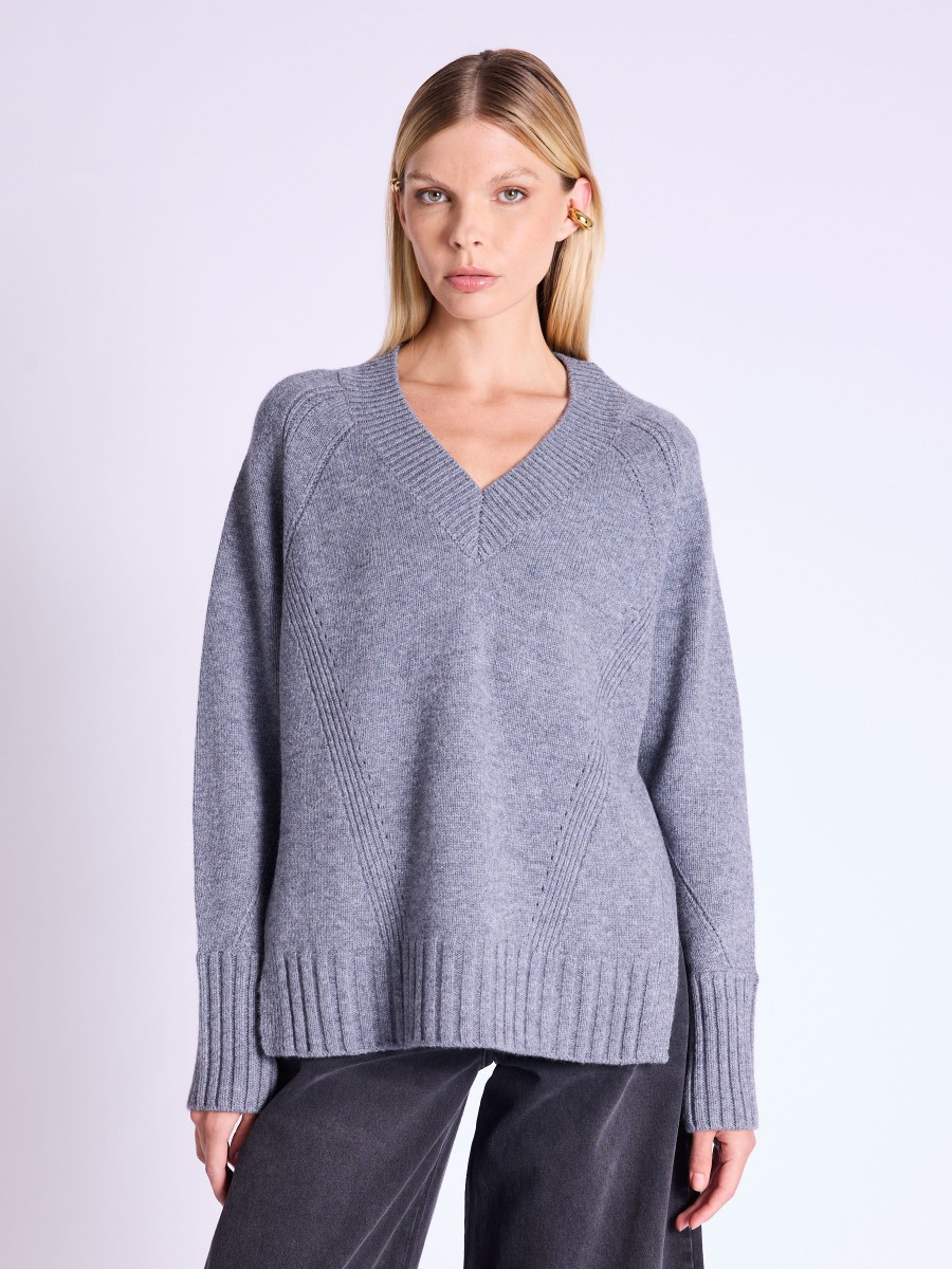 Pull ARRY | Pull gris manches longues col V avec fentes sur les côtés