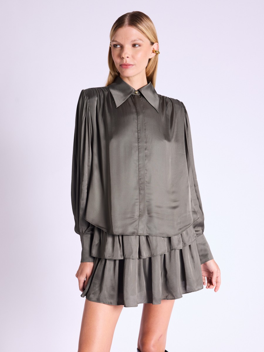 CHARLENE shirt | Khaki satin shirt with puffed sleeves