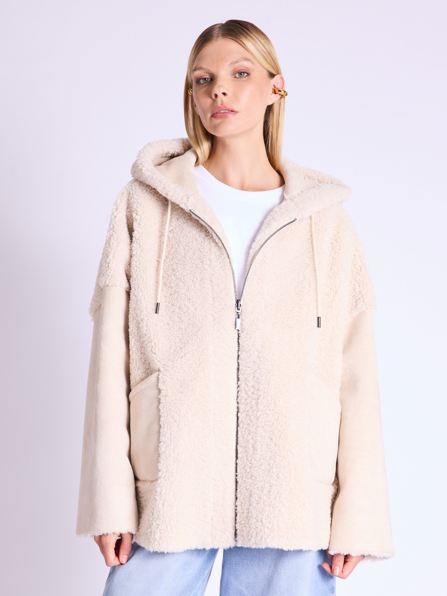 Manteau MIRA | Manteau beige réversible bi-matière à capuche