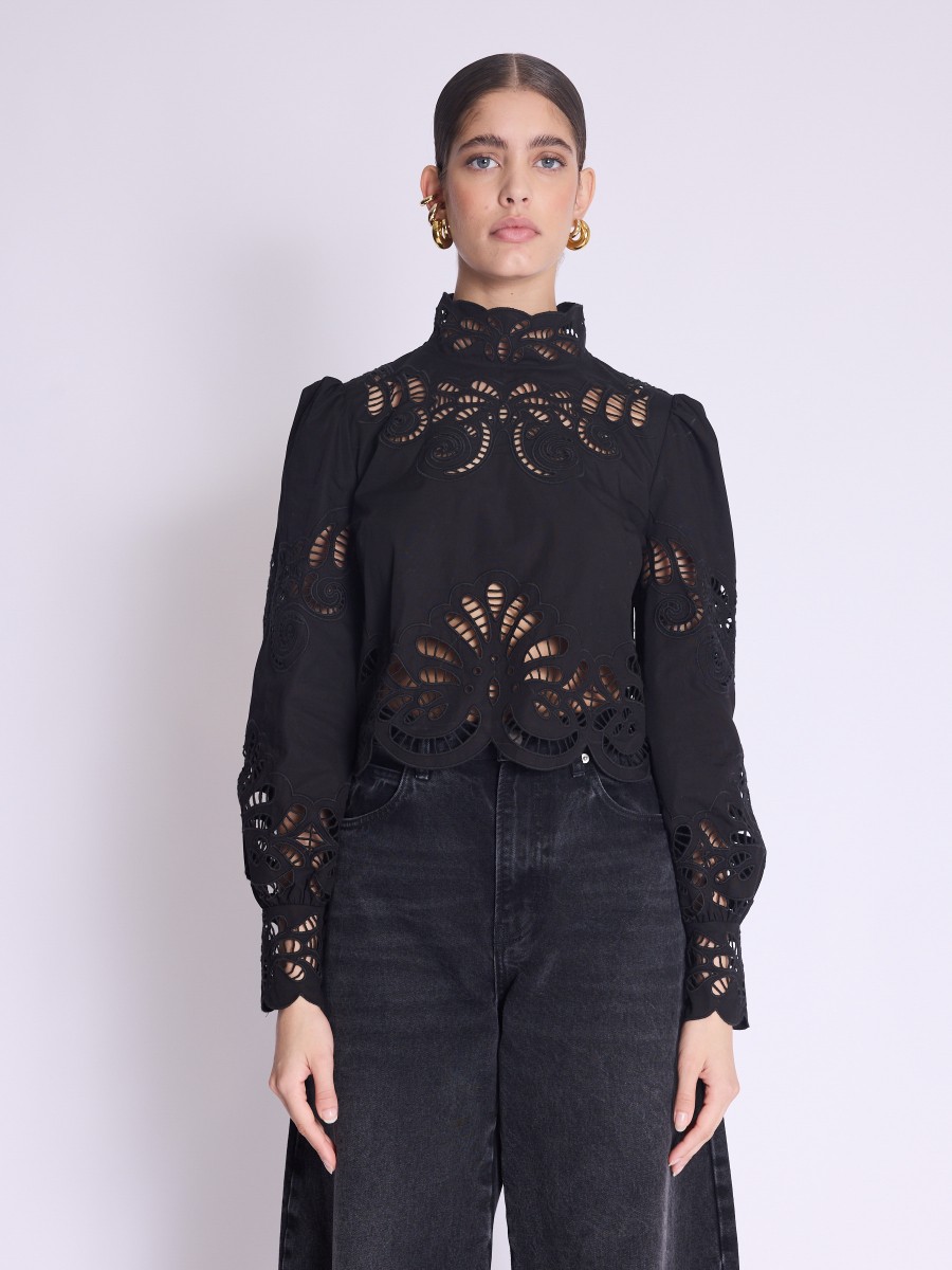 Blouse BRINDA | Short blouse with stand-up collar and embroidery