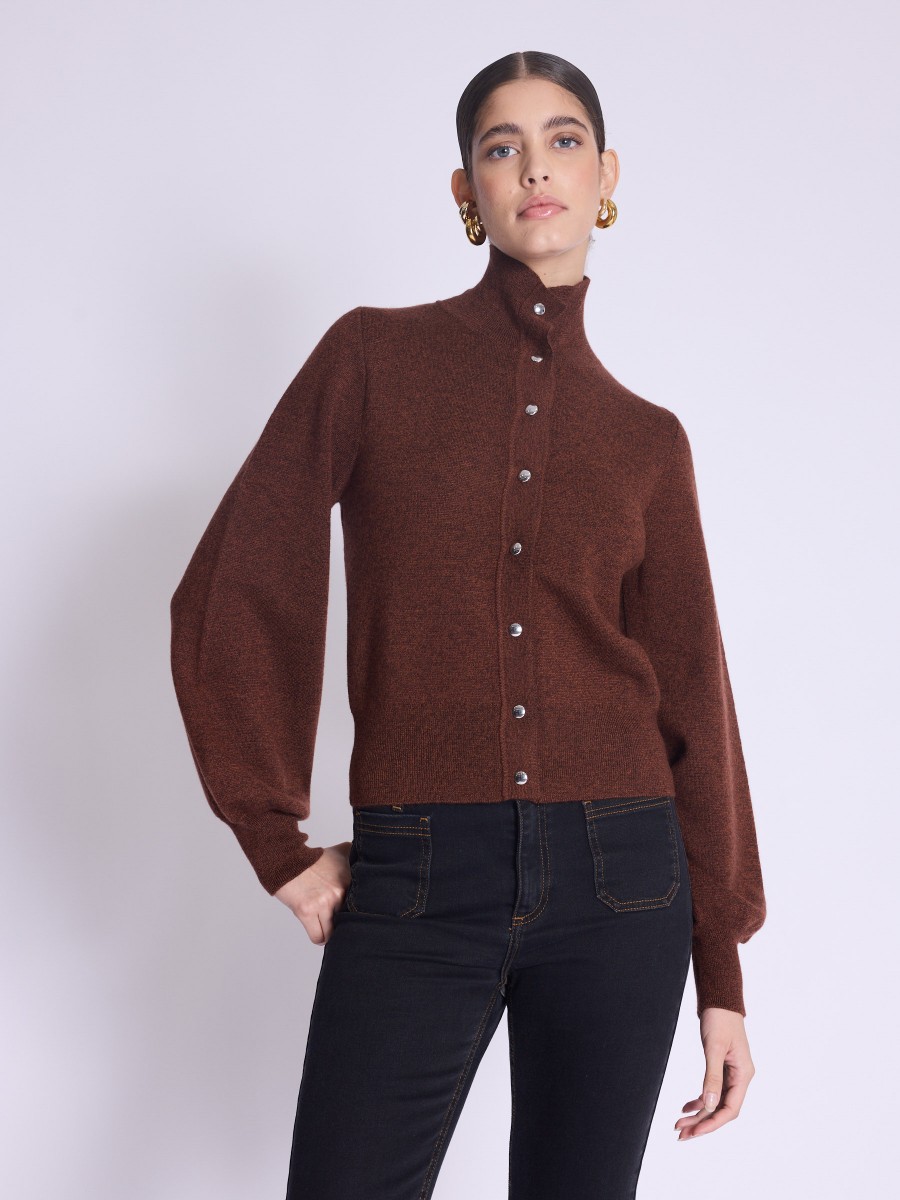 Cardigan GABY | Cardigan marron à manches bouffantes et col montant