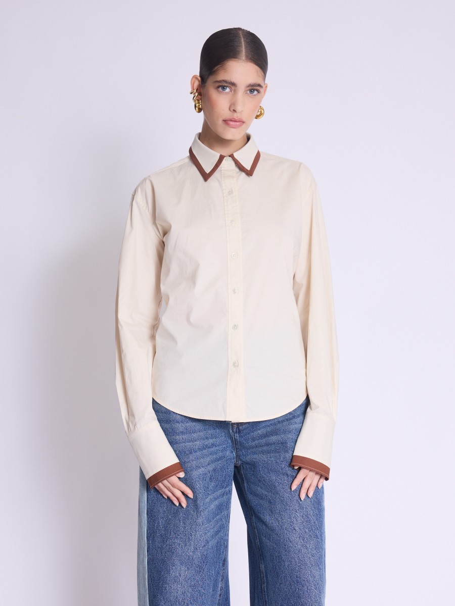 CADIX shirt | Beige shirt with wide cuffs and brown stripes