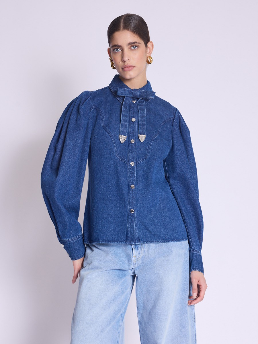 CLOV shirt | Denim bow collar shirt