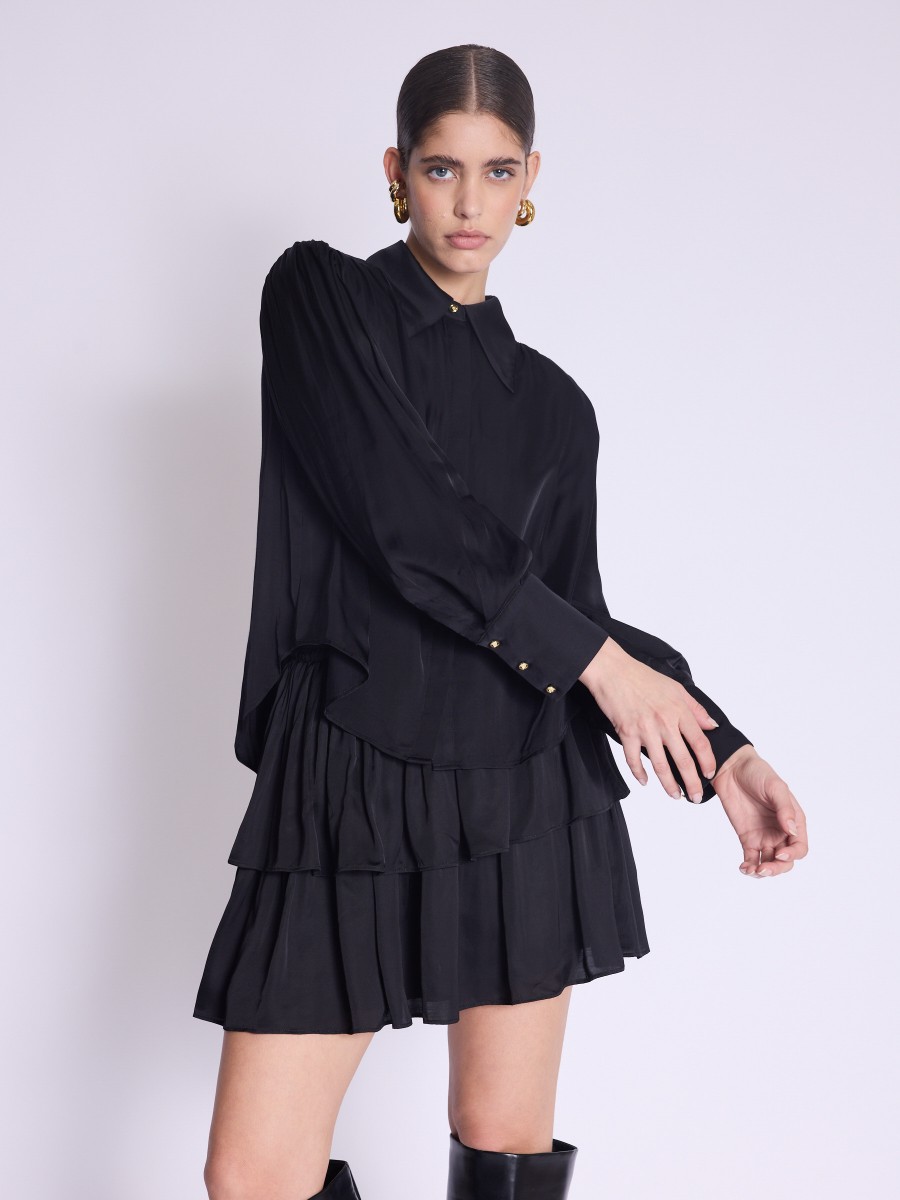 Chemise CHARLENE | Chemise noire satinée et manches bouffantes