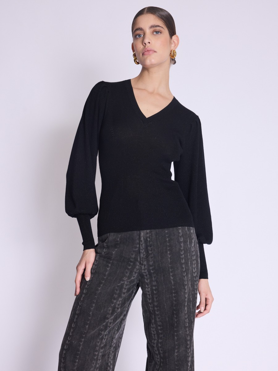 Pull ARIANA | Pull col V noir avec manches bouffantes