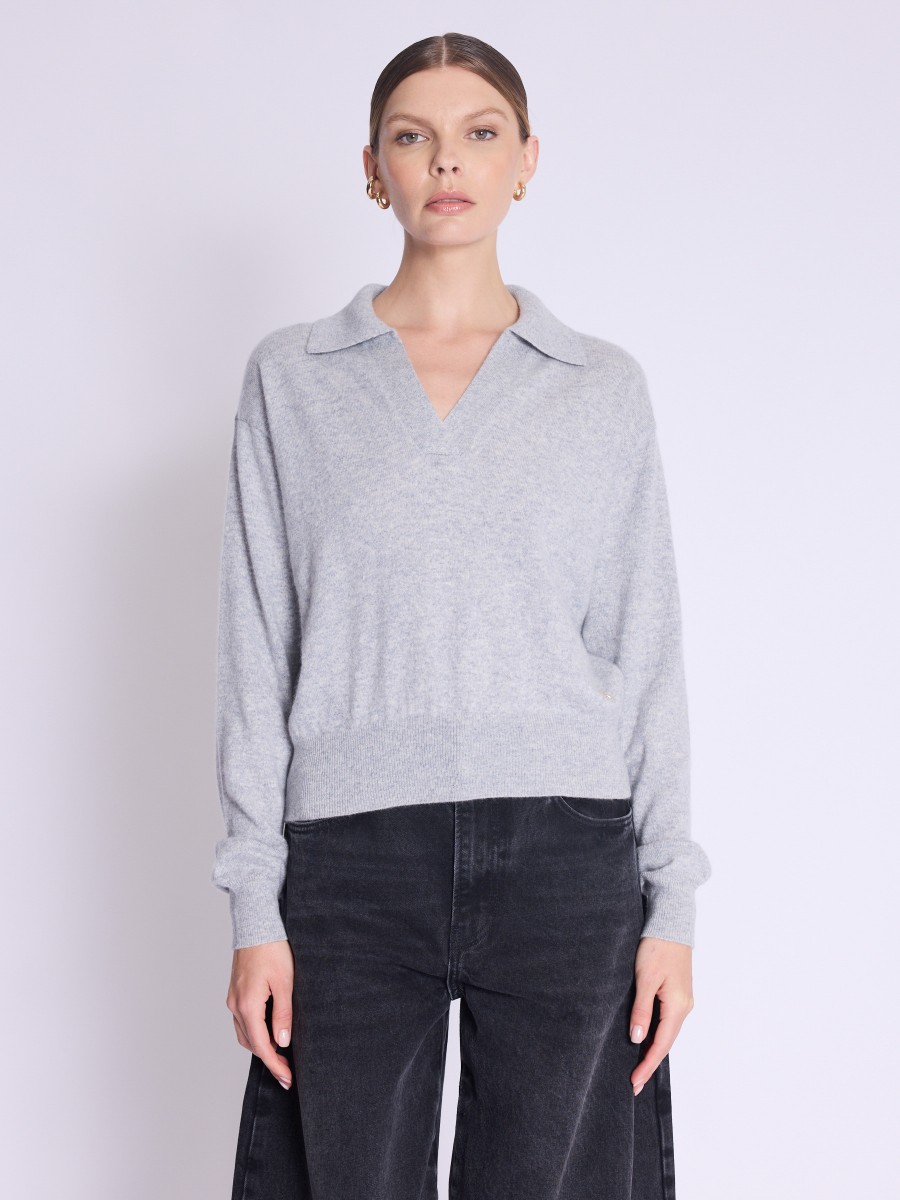 AMYPOLO Top | Gray Cashmere Top with Long Sleeves and V-Neck