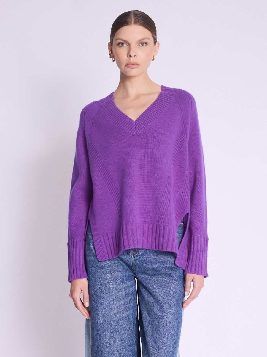 Pull ARRY | Pull violet manches longues col V avec fentes sur les...