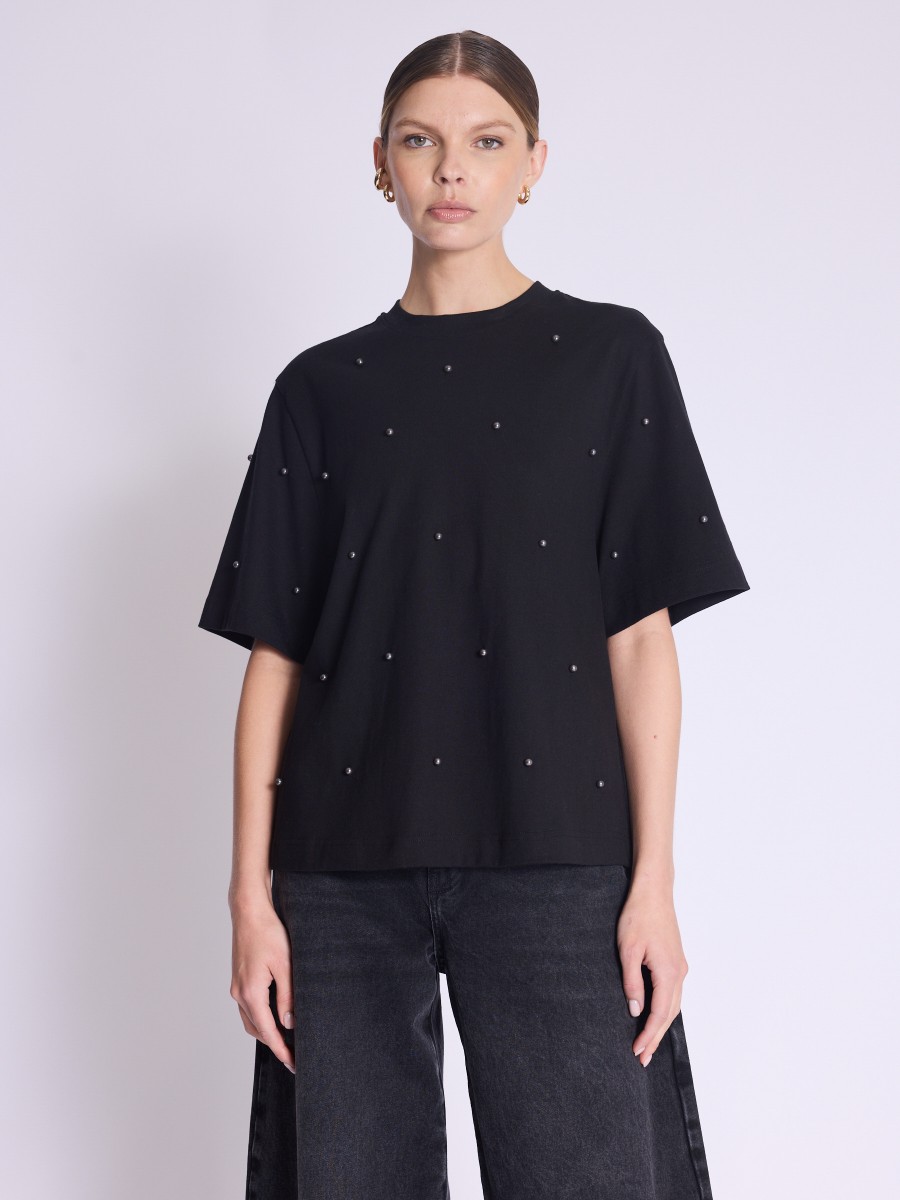 ENZO T-shirt | Black oversized t-shirt with pearls