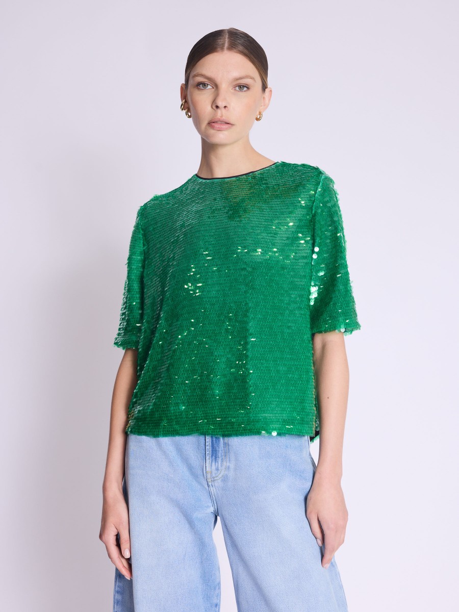 Top TALMY | Top manches courtes à sequins verts