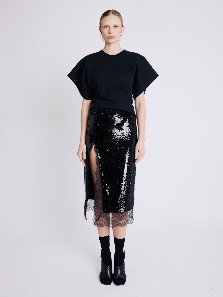 JANIK skirt | Long black sequin skirt with lace side slits