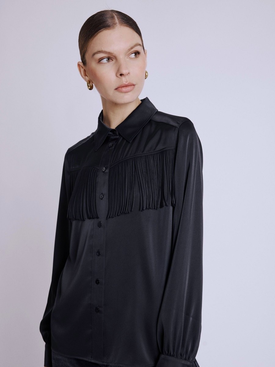 Chemise CASSIE | Chemise satinée noire à franges