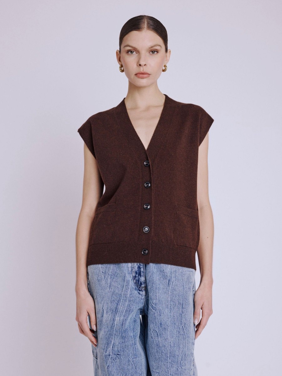 GUSTAVE cartigan | Short brown buttoned v-neck sleeveless cardigan