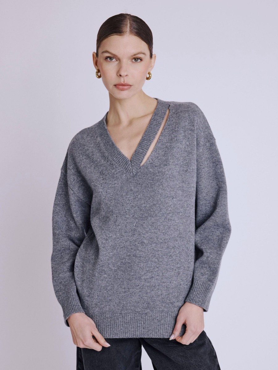 ADELLE sweater | Gray V-neck sweater with cut-out neckline and long...