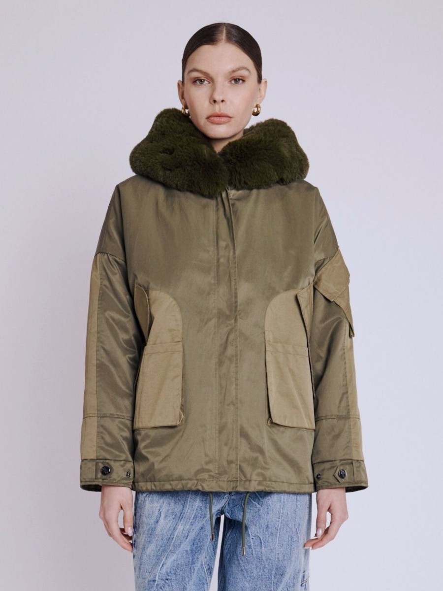 Parka MARILOU | Parka courte khaki avec capuche en fausse fourrure