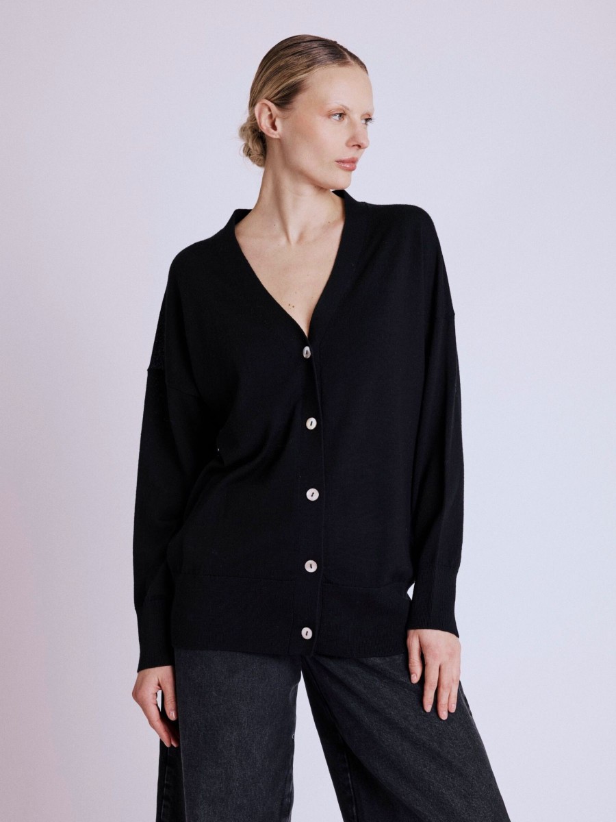 Cardigan GASPER |Cardigan noir mi-long à col V