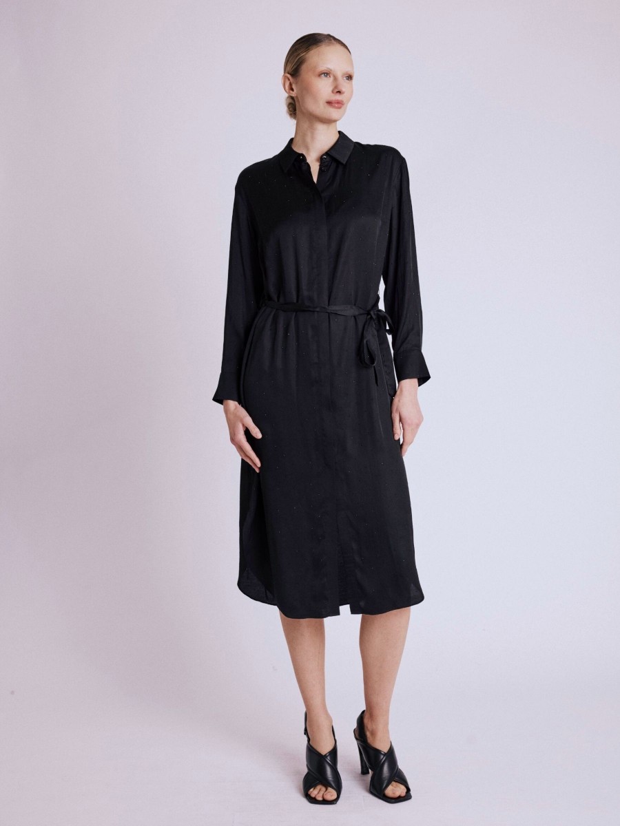 RESIA dress | Black satin shirt dress with rhinestones