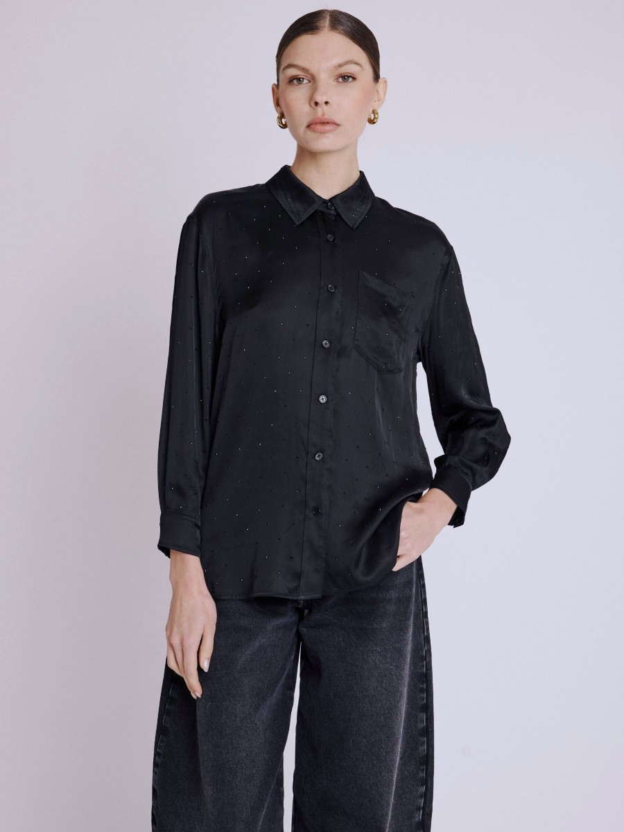 CLELIA shirt | Rhinestone shirt with front pocket