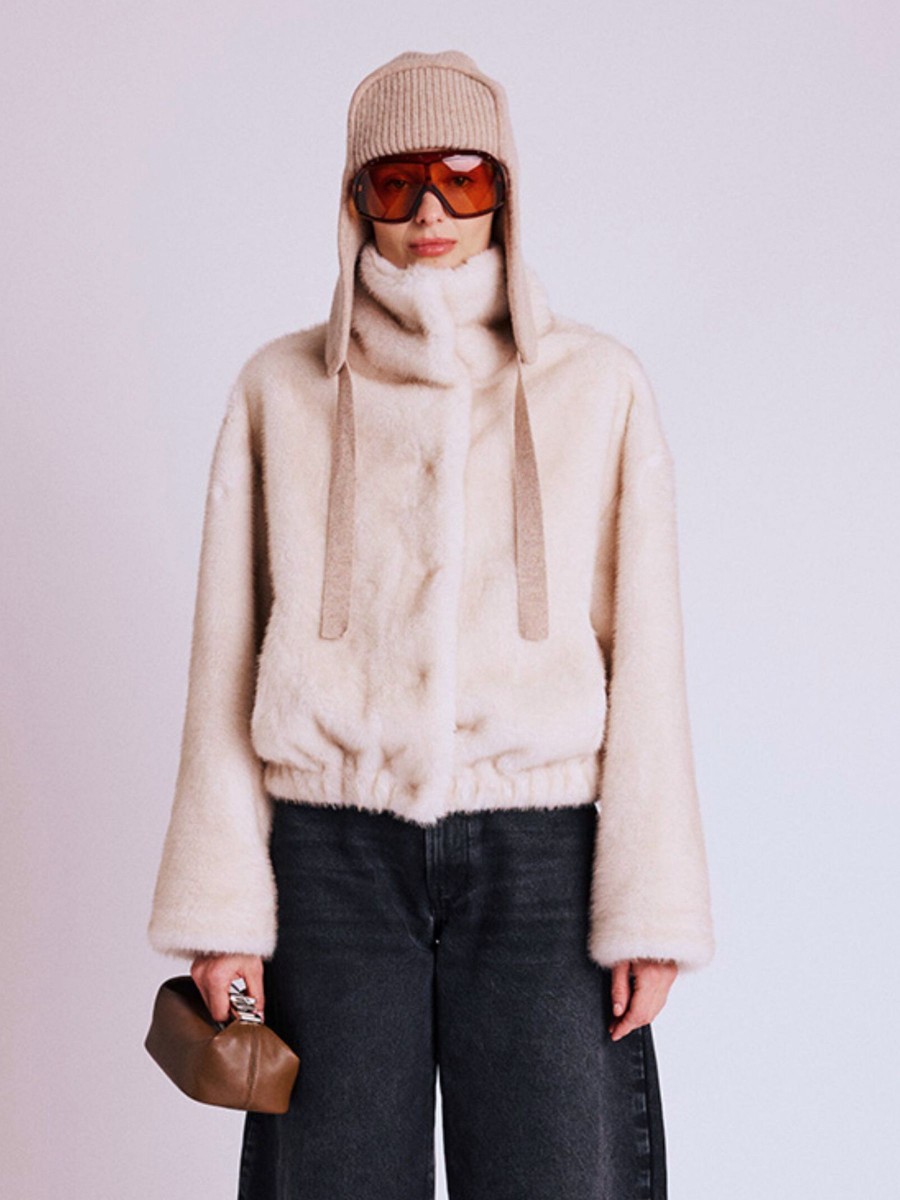 BATOUL bomber | Beige faux fur ball bomber