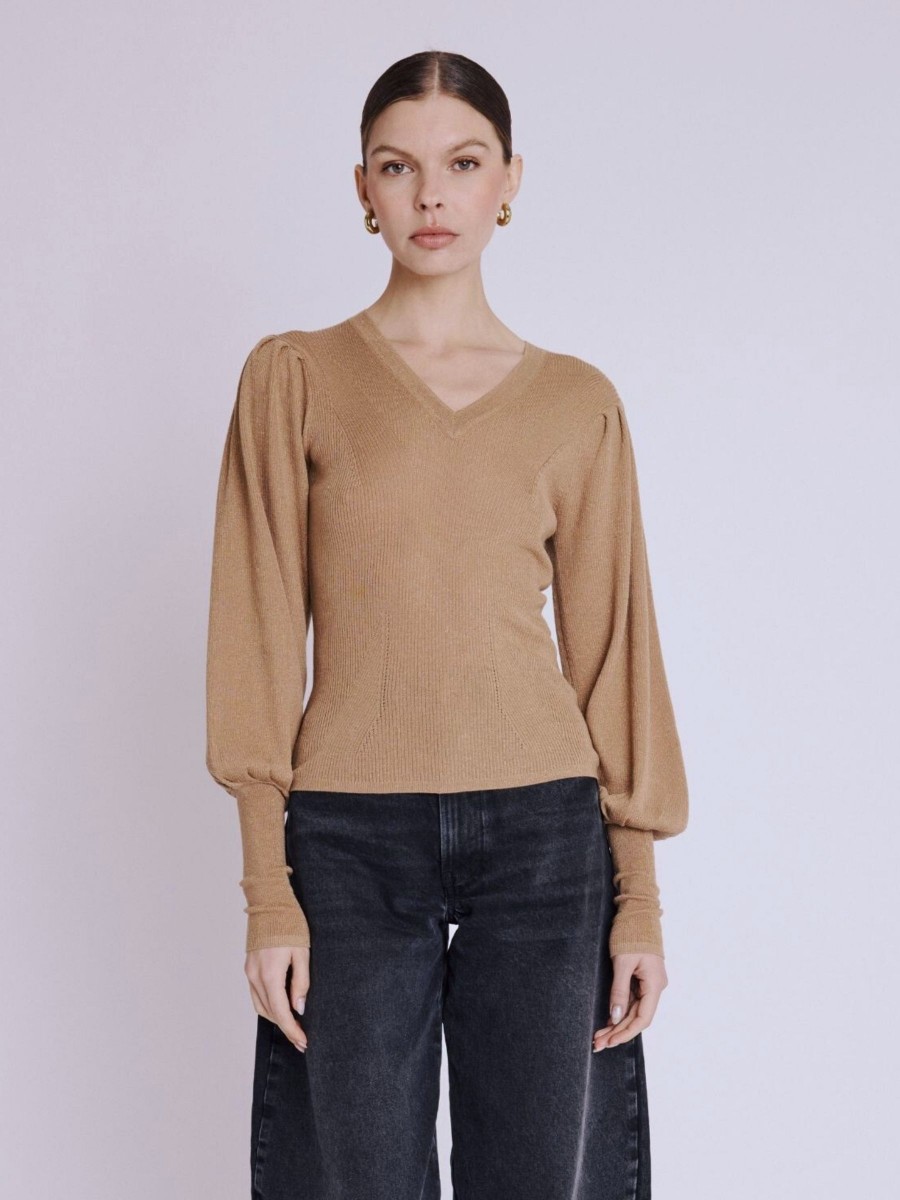 ARIANA sweater | Beige v-neck sweater with puffed sleeves