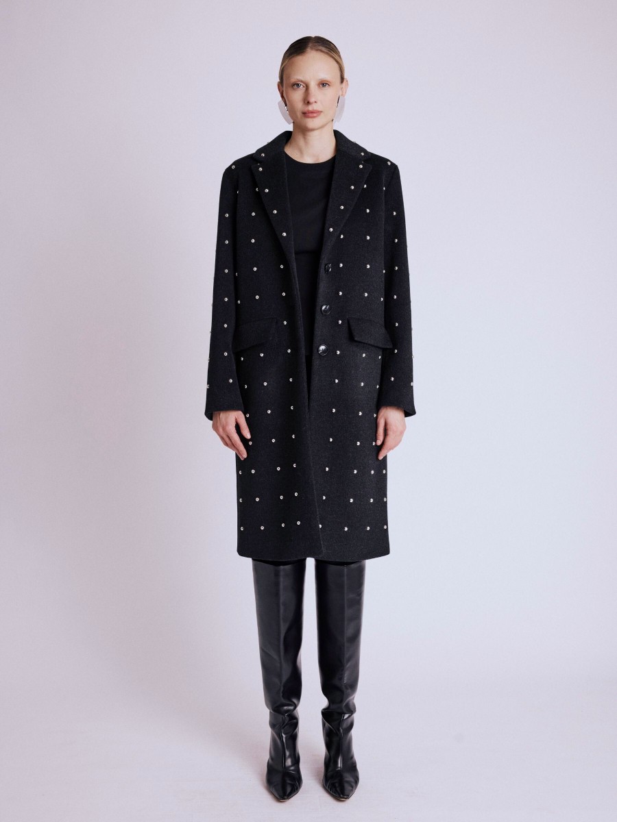 MABEL Coat | Long Straight Black Coat with Studs