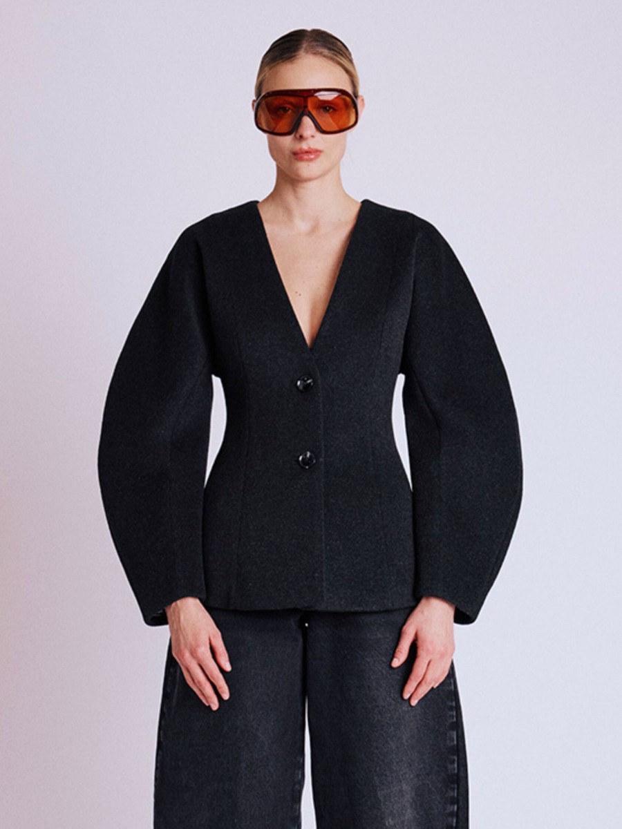 MAGALI coat | Short belted coat at the waist, ball sleeves