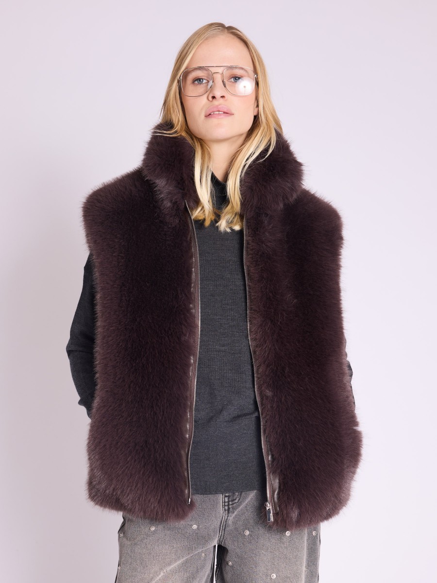 VITALO jacket  | Short brown faux fur sleeveless jacket