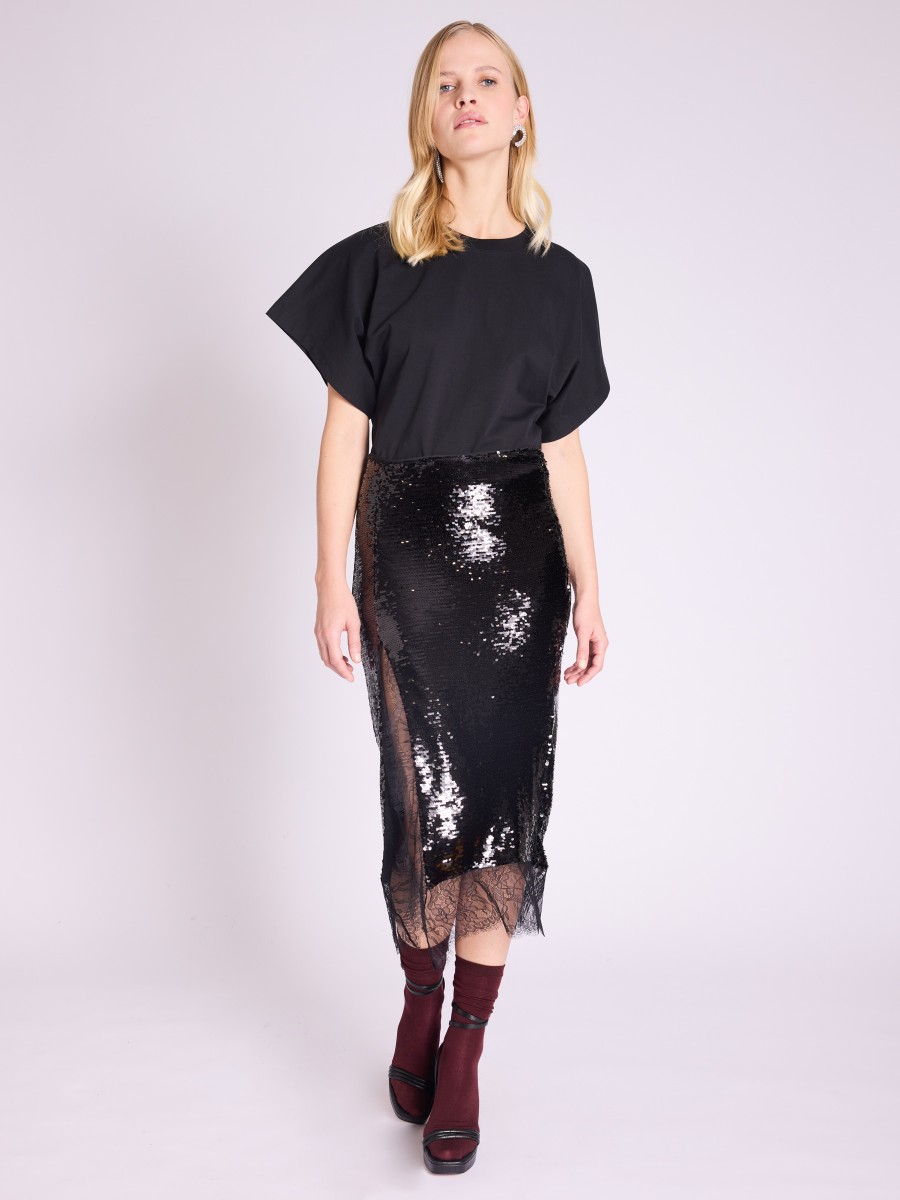 JANIK skirt | Long black sequin skirt with lace side slits