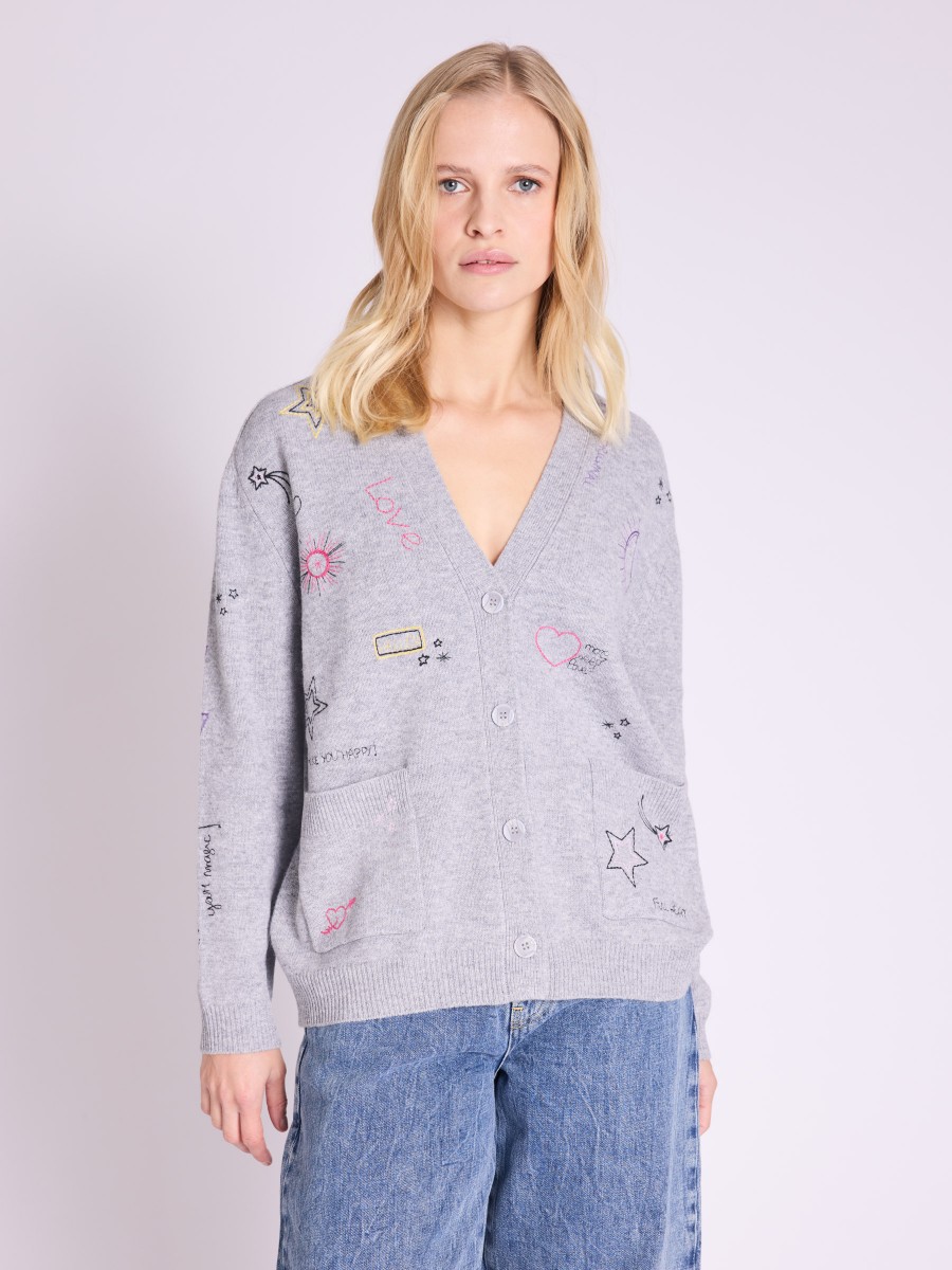 Cardigan GIULIO | Grey V-neck cardigan with embroidery