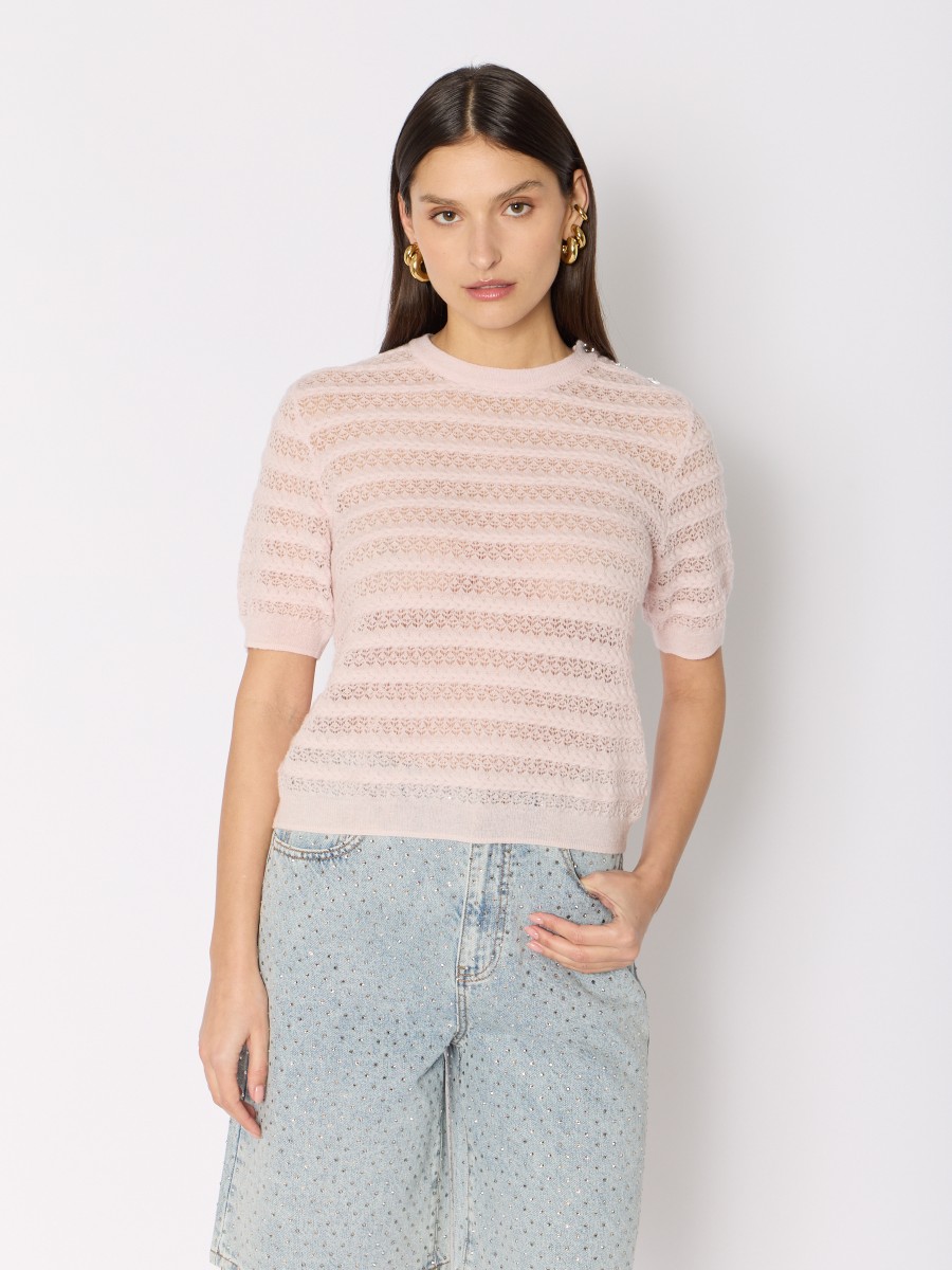 MADALINE | Pull manches courtes en maille fine rose pale