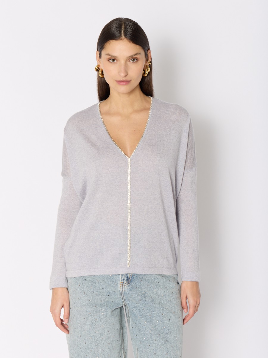 MAGNES Sweater | Fine grey knit sweater in merinos wool with silver...