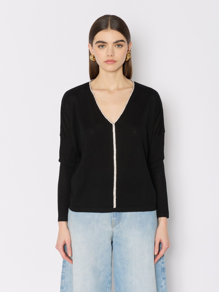 MAGNES Sweater | Black fine knit in wool merinos sweater with...