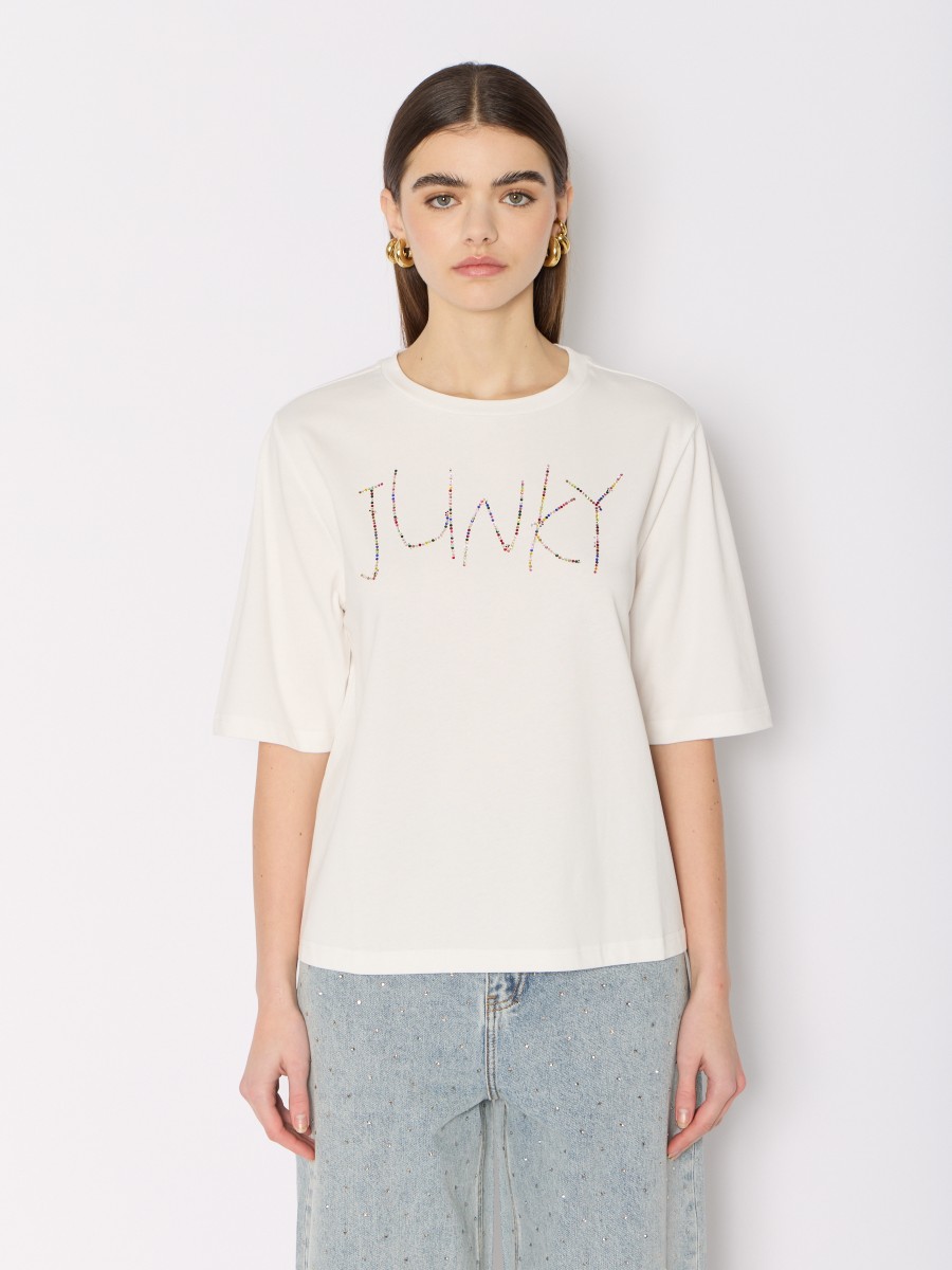 TEJUNE | T-shirt blanc avec motif "JUNKY" en strass coloré