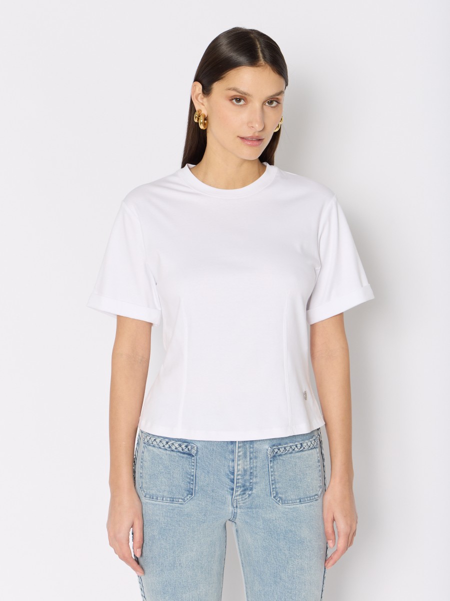 TENZALIA | Camiseta ajustada, blanca lisa, cuello redondo