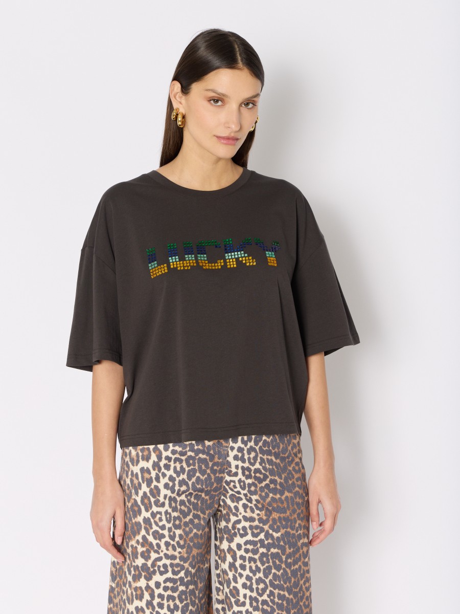 TEOLIS | Oversized grey T-shirt with colorful “LUCKY” inscription