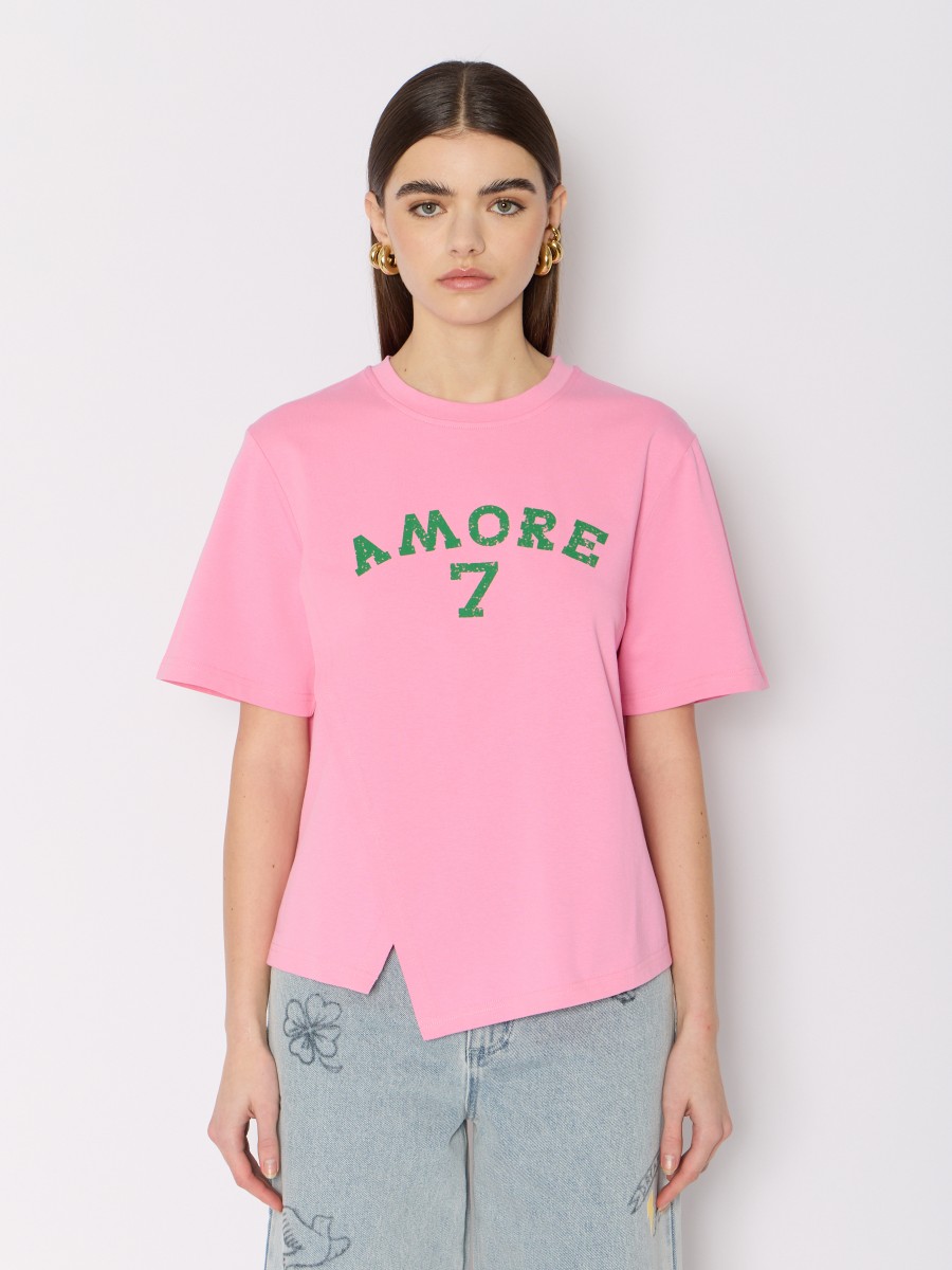 TESEVEN | “Amore 7” motif T-shirt with asymmetrical panel