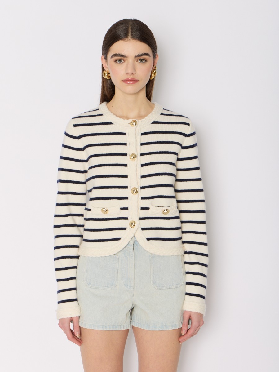 MGLORIA | White cardigan with blue stripes and gold buttons