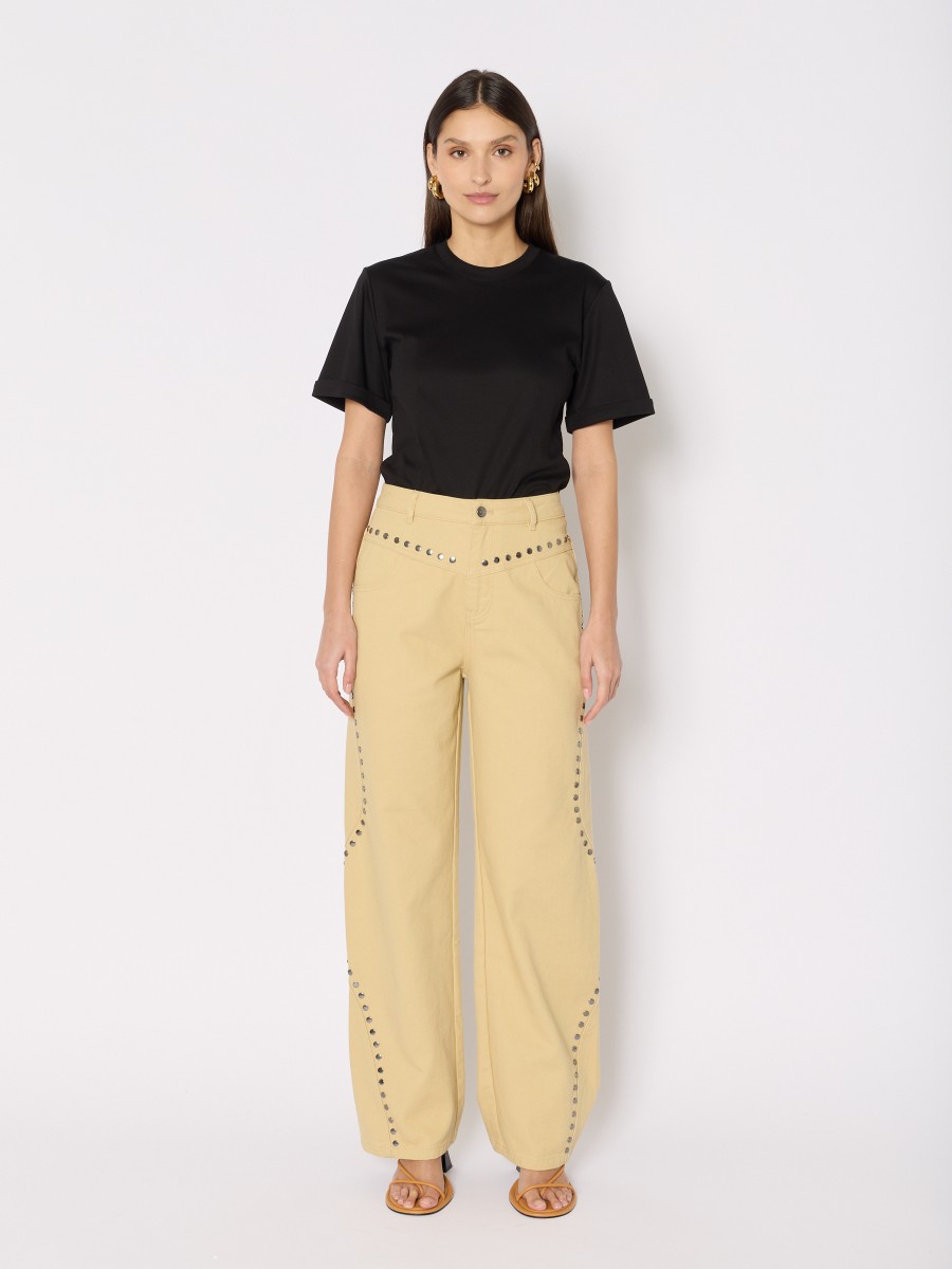 PAUKLAND | Sand-colored wide-leg jeans with decorative studs