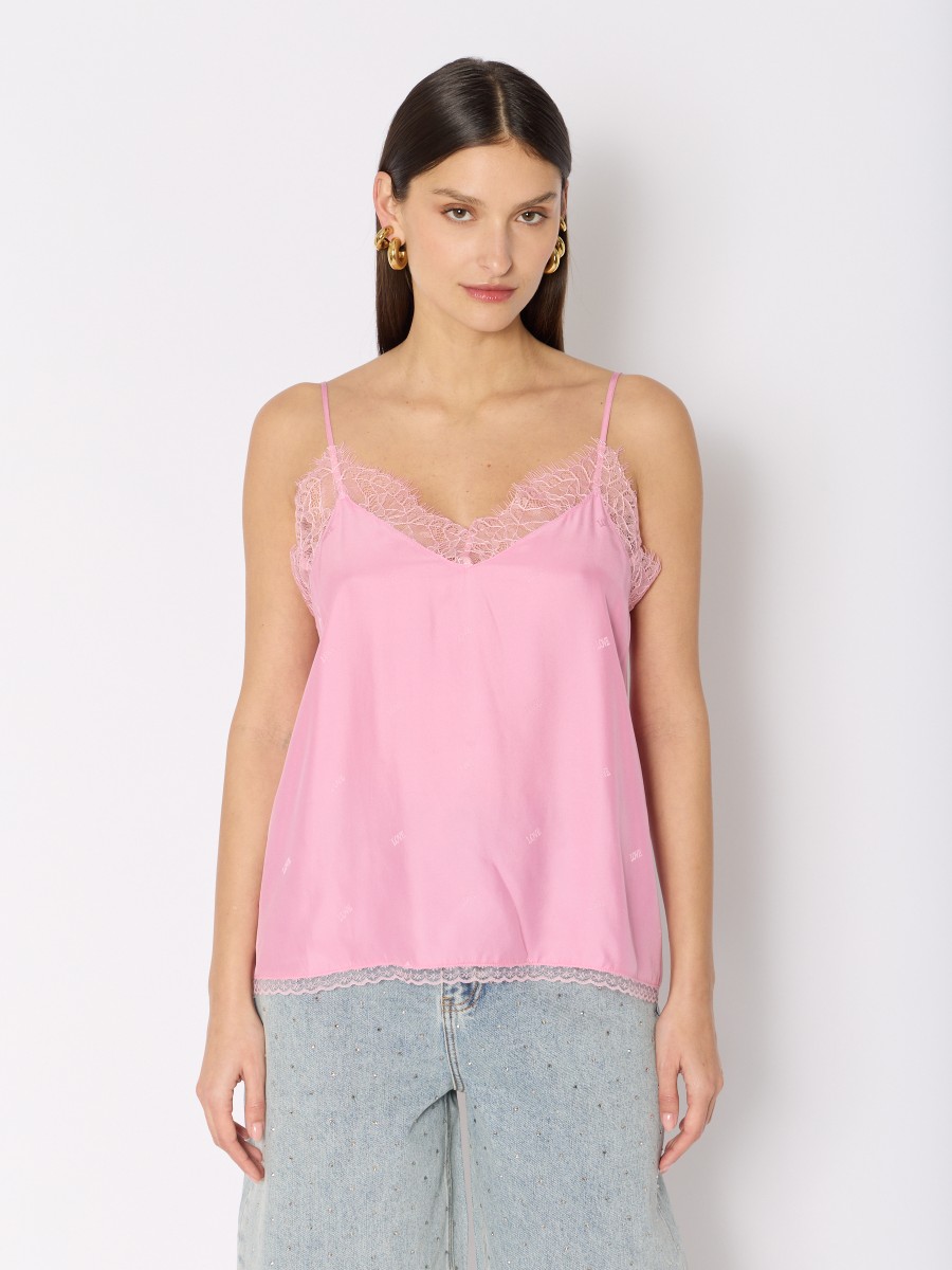 TAYLOR | Pink strapless top with lace and LOVE motifs