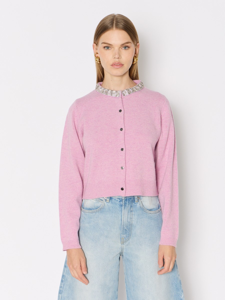 MGIDIAMOND | Cardigan rose col rond et collier strass en laine de...