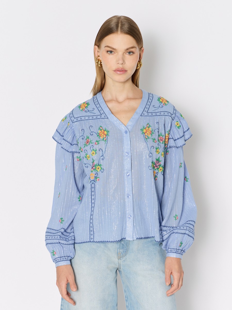 CARMENCITA | Blue shirt with puffed sleeves, ruffles and embroidery