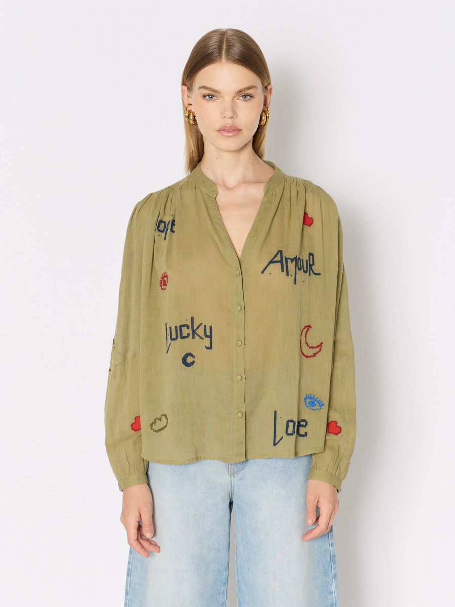 CASSANDRALUCKY | Flowing khaki shirt with embroidery